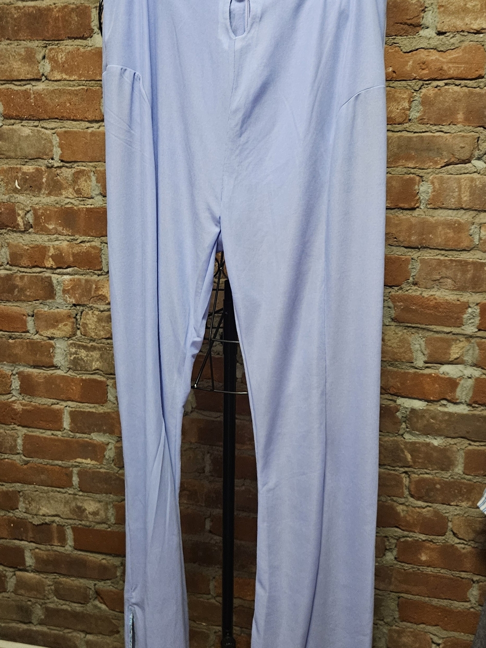 Light Blue Boot Cut Pants With Back Zipper, Chinese Knot Detail& Split Hem